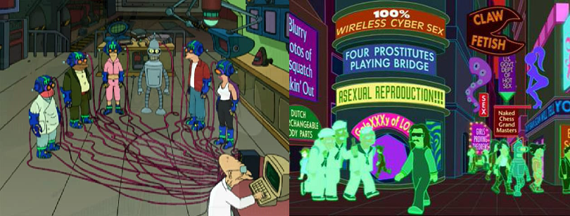 A scene from a Futurama episode 'A Bicyclops Built for Two' showing what an ad-based metaverse might look like