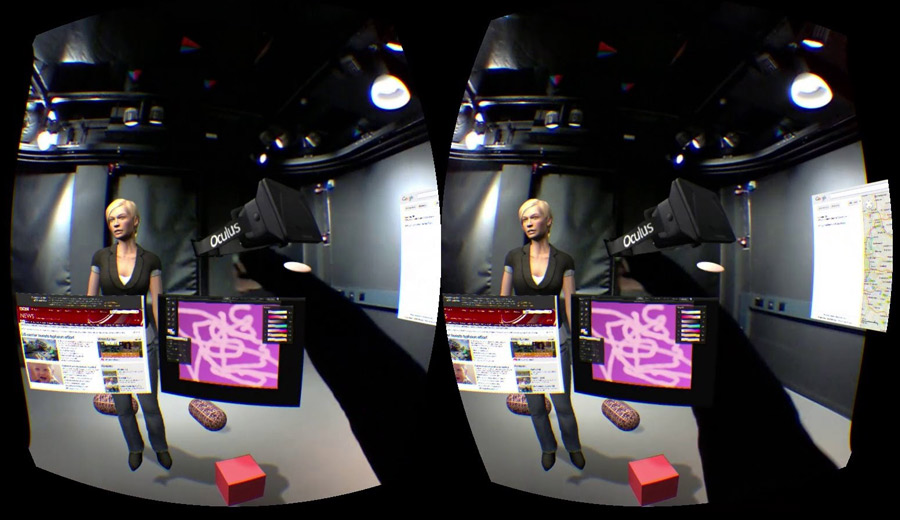 An image from Will Steptoe's "AR Rift" project that used two cameras at the front of the Rift to create mixed reality experiences. Interesting according to his website, Will now works for Oculus... 