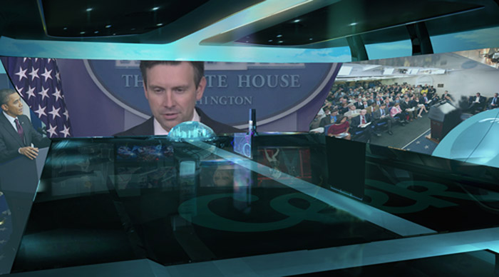 A mockup of POTUS VR's briefing room.