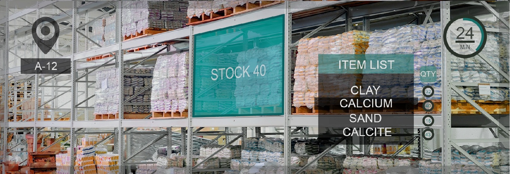 Pile of food production stacked in warehouse shelves