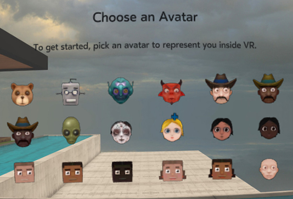 Some of the avatars a person can choose from in the Oculus Social Alpha app on Gear VR. You can change your avatar at any time.