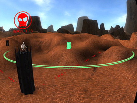 Placing a tower in Twisted Realms. The line of red dots indicates the path of incoming creeps. 