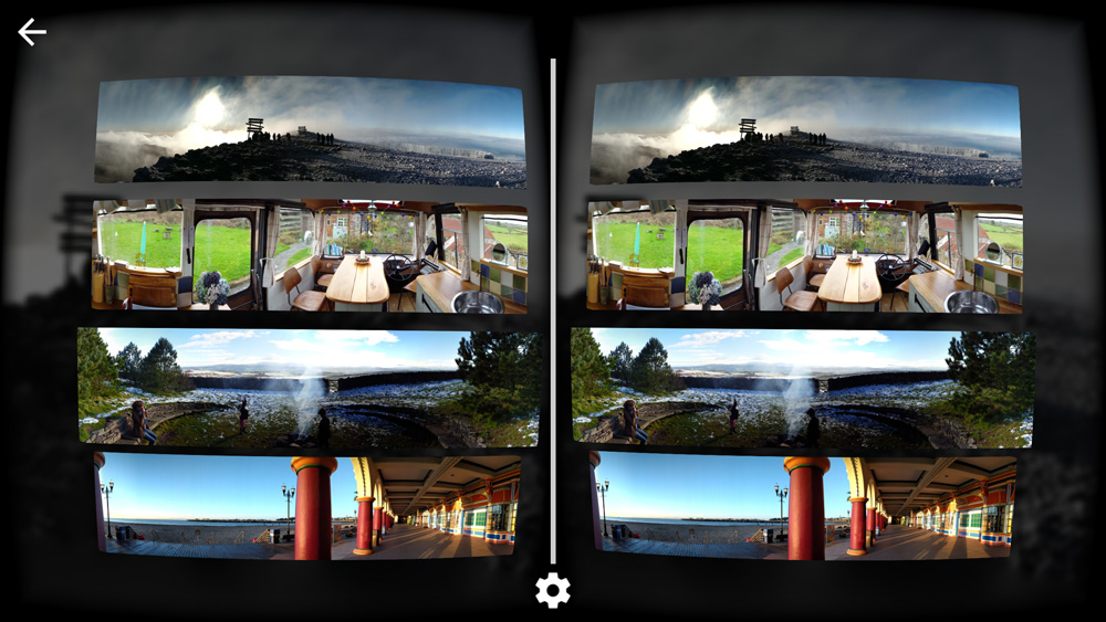 The photo browser interface in the app, images are selectable using the capacitive touch sensor on the Google Cardboard. 