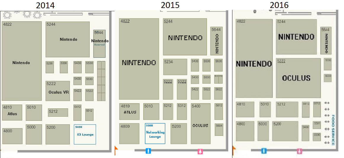 Floor plan showing the growth of Oculus' booth since 2014. Via Reddit. 