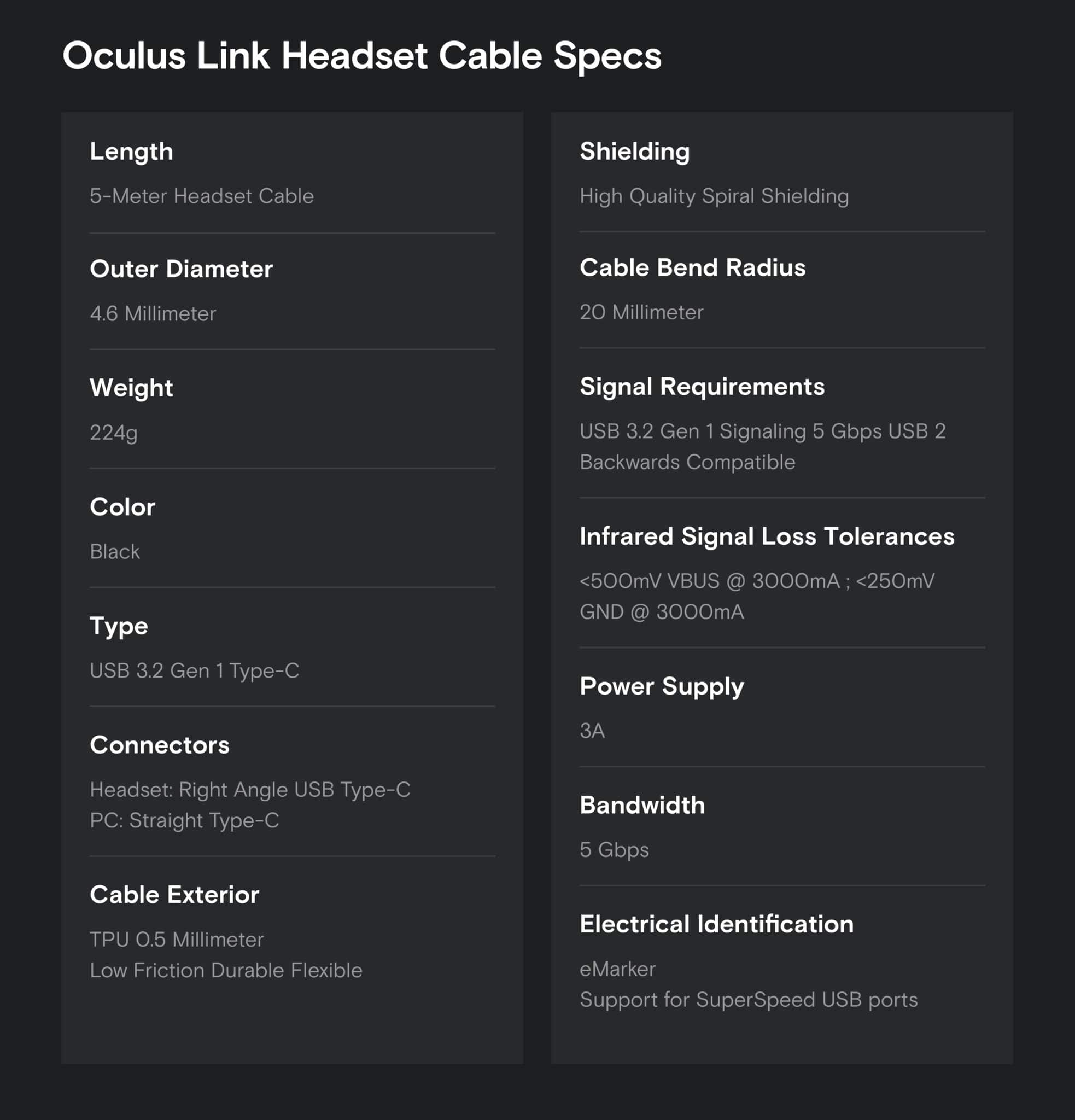 oculus link cord specifications