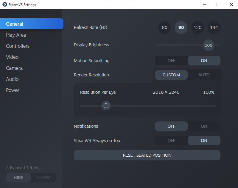SteamVR New Settings