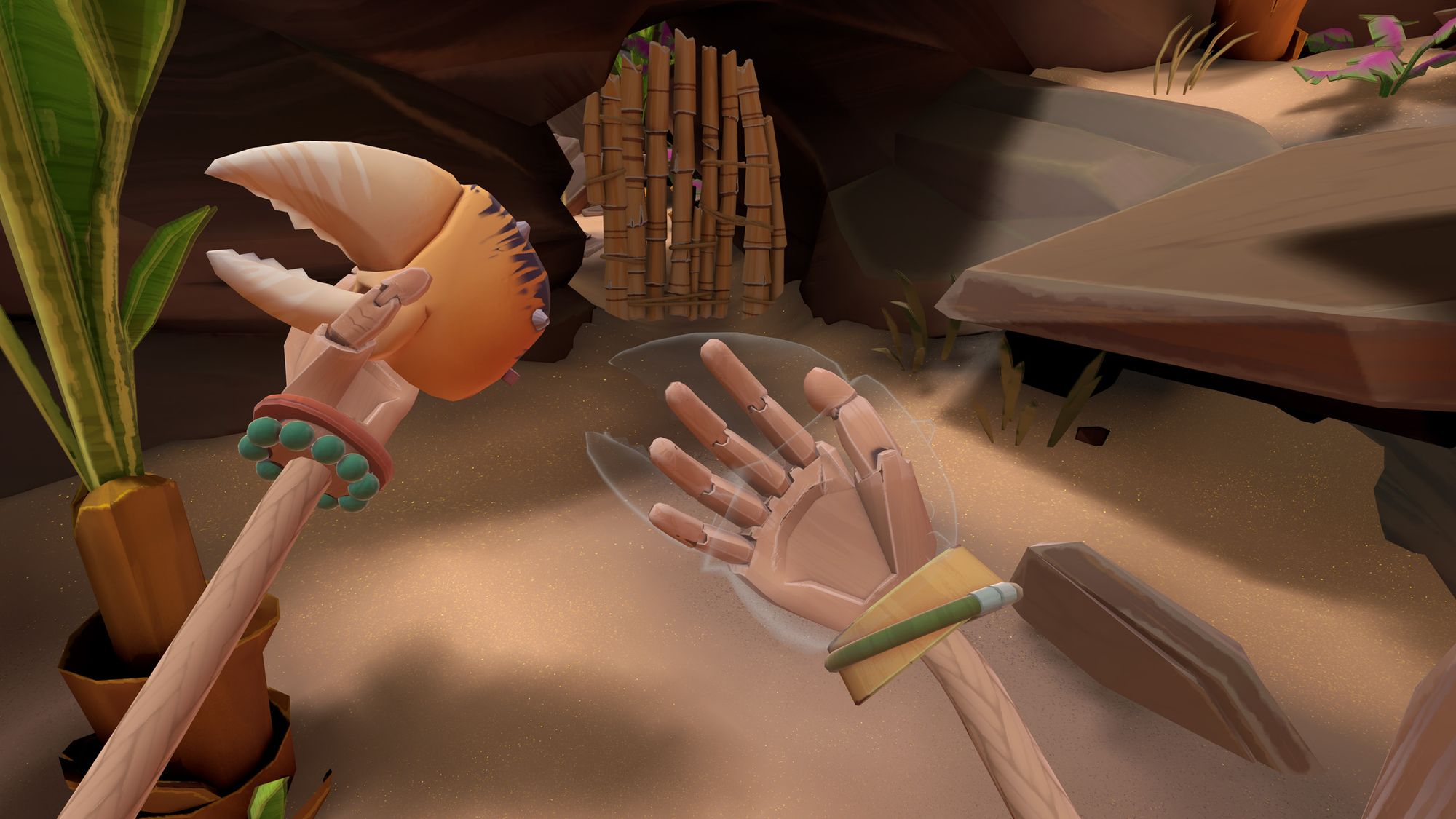 Attaching a crab's claw to a hand on a beach in the virtual reality game Another Fisherman's Tale.