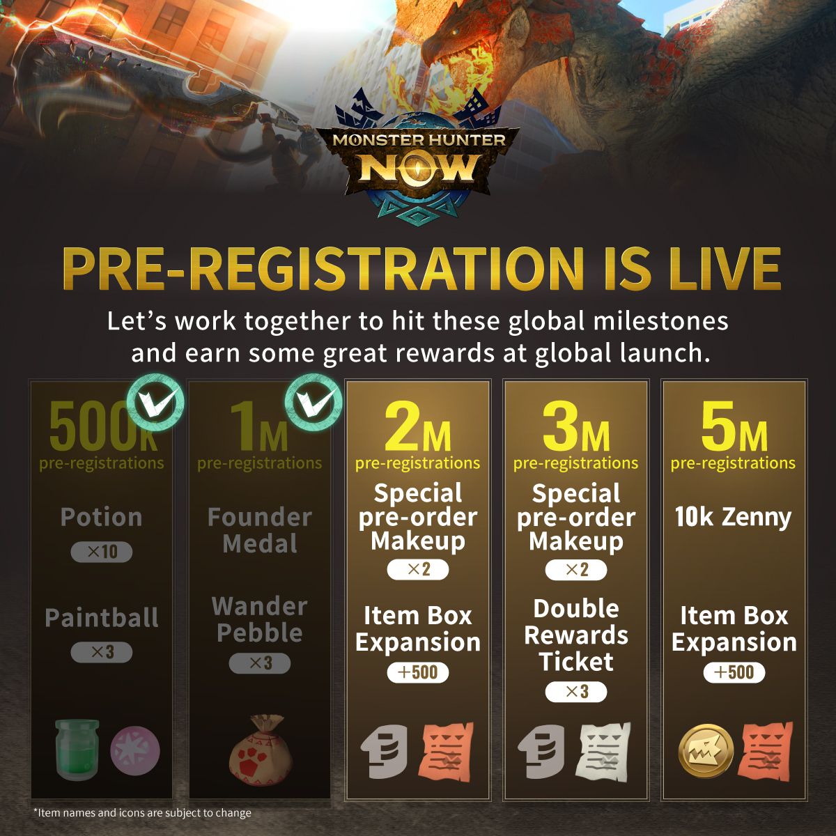 Monster Hunter Now Pre-Registration Milestones with five columns for 500k, 1m, 2m, 3m and 5m signups