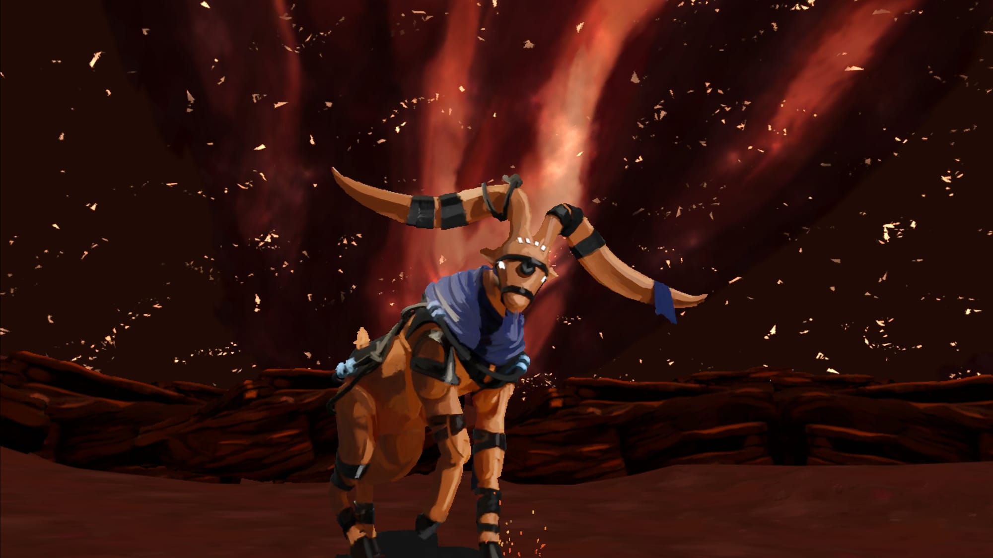 Two horns protruding from their heads and a fantasy creature standing on four legs with a blue cloth near their neck