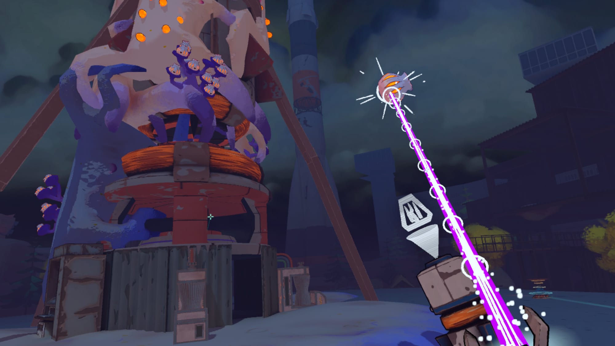 Harpagun screenshot shows a gravity gun holding a small grey and orange enemy