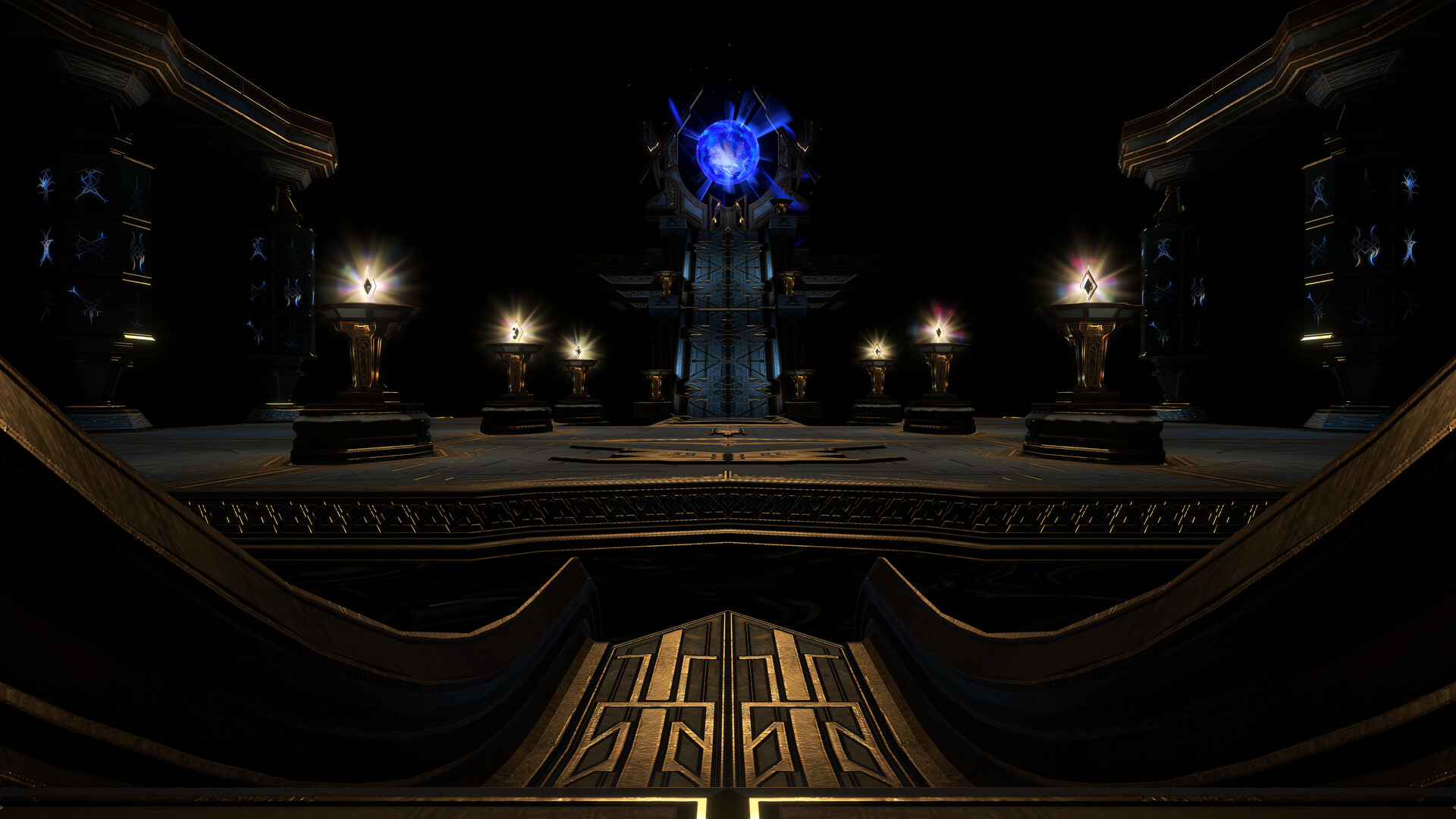 A dark room with gilded detailing and a shining blue portal at the far end
