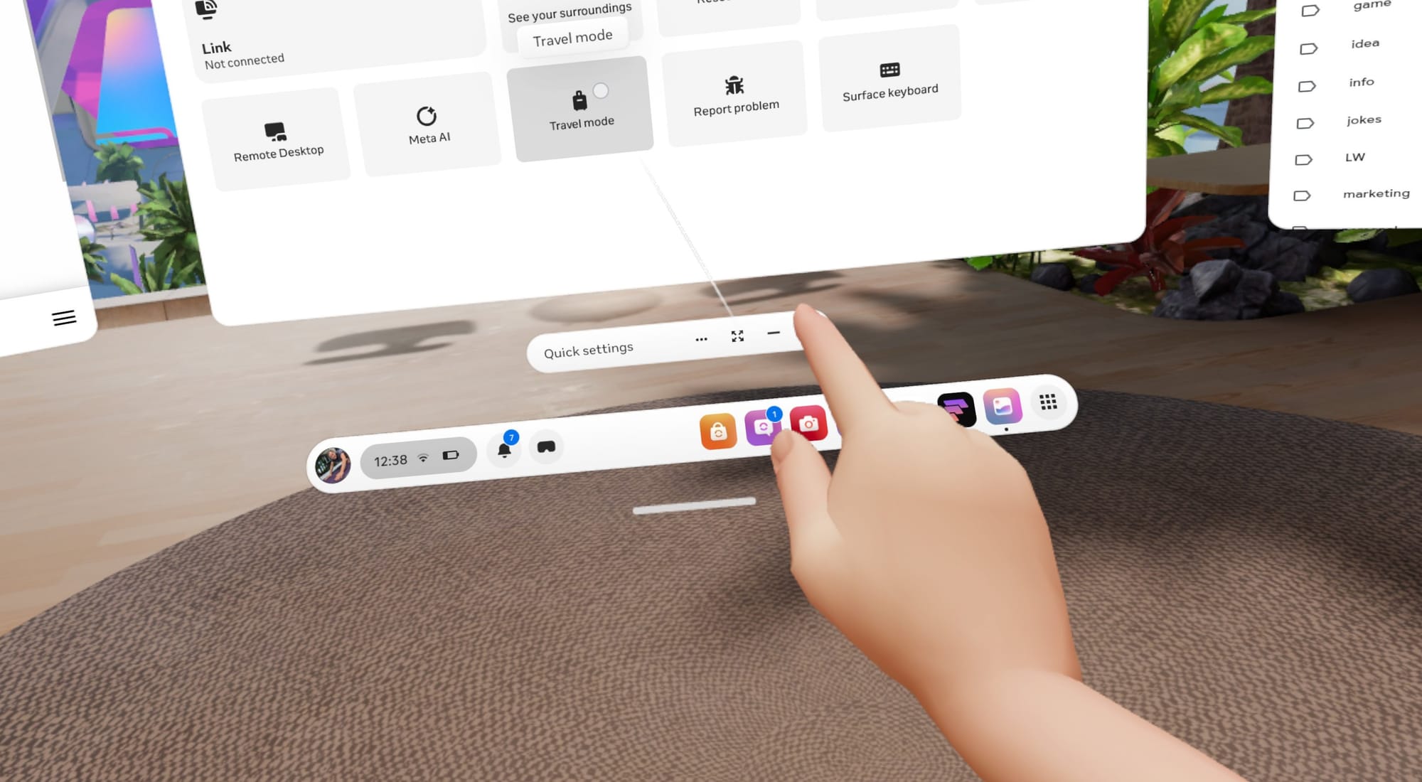 A screenshot shows how to access Travel mode in Horizon OS Quick Settings.