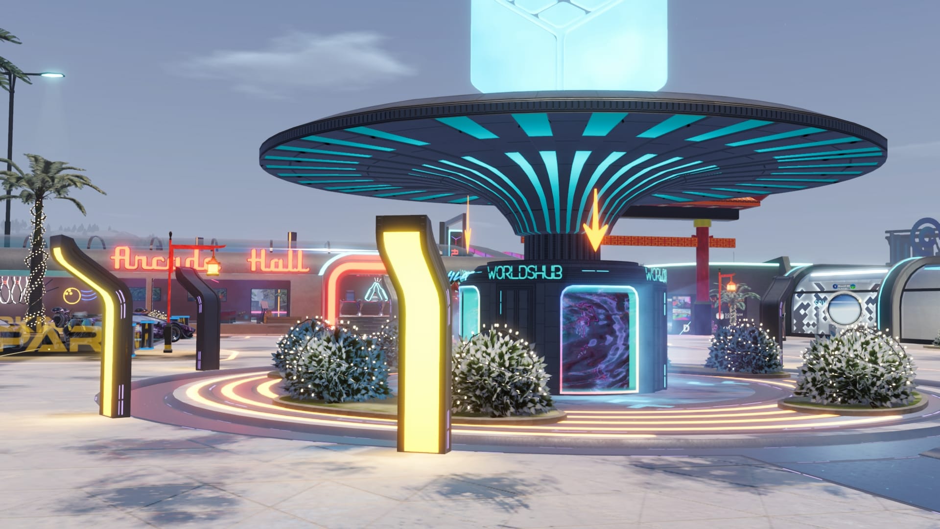 A portal hub situated in front of a virtual arcade hall.
