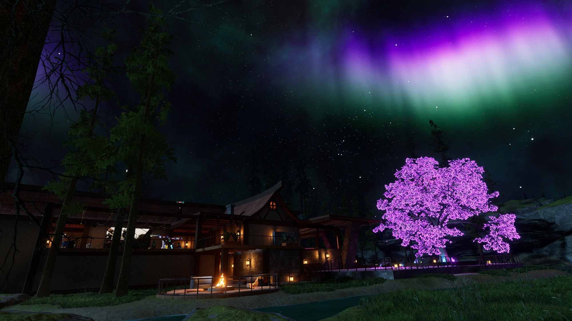 A nighttime game map with warm lighting.