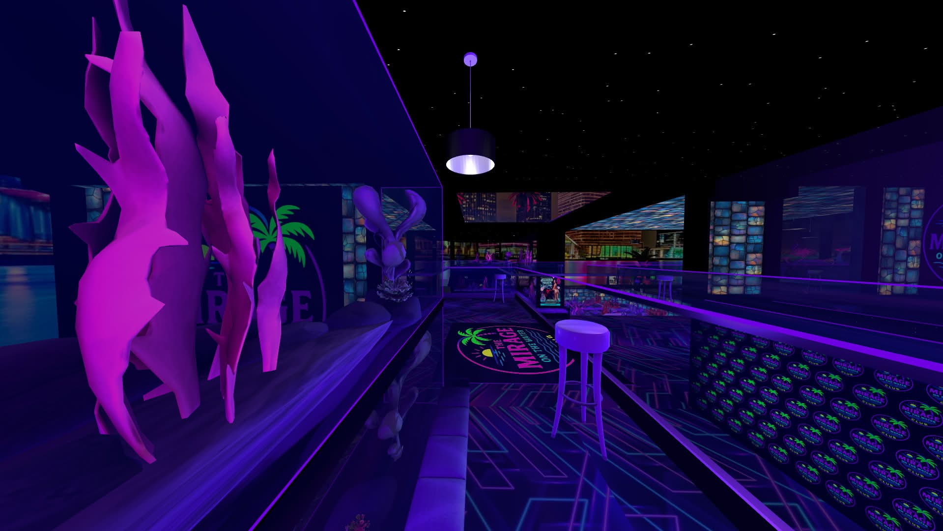 A neon-filled club with ocean-themed decor