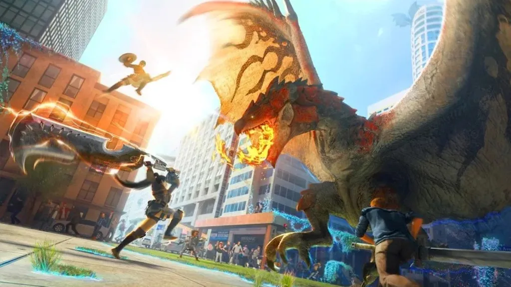Monster Hunter Now AR Game - Key Art showing a dragon fighting warriors in a cityscape.