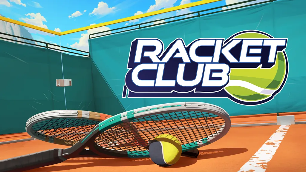 Racket Club key art, shows two tennis rackets above a tennis ball on a clay court