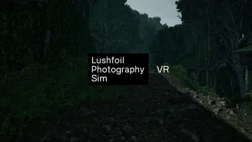 "Lushfoil Photography Sim VR", key art for the game with its name set against a forest landscape.