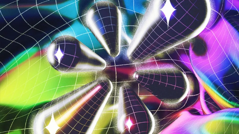 A colorful version of Resonite's logo against a wireframe background.
