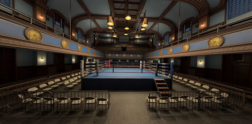 A virtual boxing ring surrounded by fold-up seats
