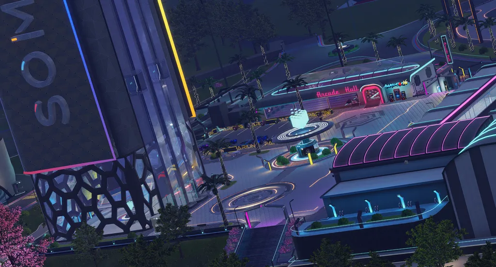 A tilted shot of Somnium Space's virtual town center.