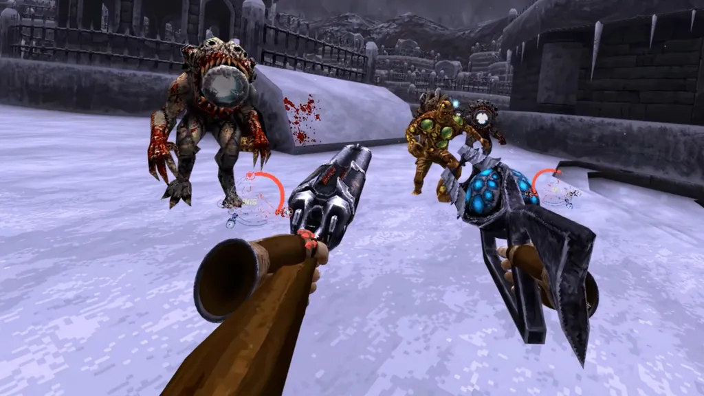 The protagonist of Wrath: Aeon of Ruin uses two weapons while fighting an assortment of enemies in a snowy environment