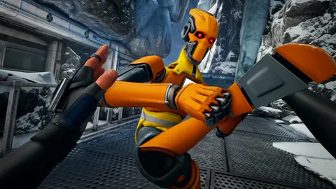 Into The Darkness screenshot shows an orange and yellow robot attacking you