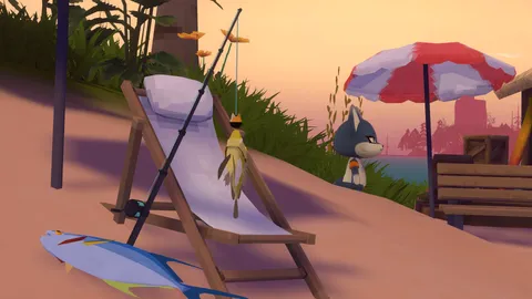 Two digital fish laying near a lounge chair as an NPC looks on.