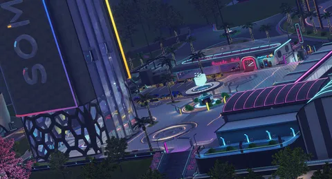 A tilted shot of Somnium Space's virtual town center.