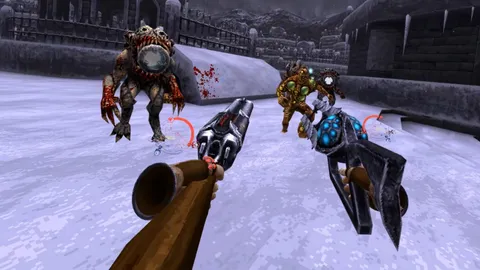 The protagonist of Wrath: Aeon of Ruin uses two weapons while fighting an assortment of enemies in a snowy environment