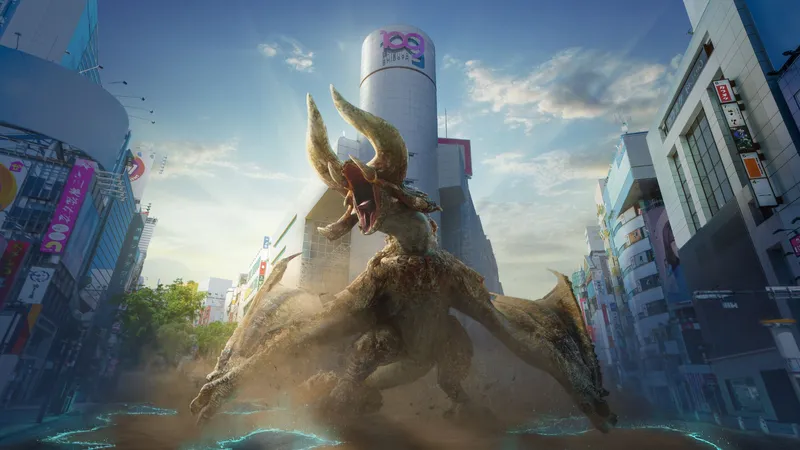 Monster Hunter Now artwork - Rathalos in a city centre