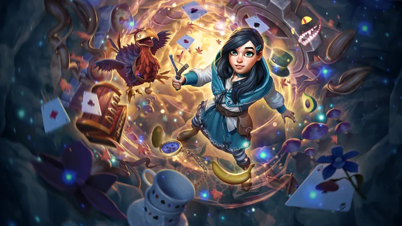 A young dark haired girl holds a slingshot as she's surrounded by a cascade of whimsical fairytale objects.