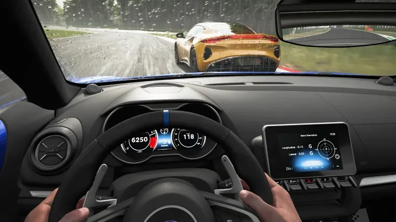 POV of a racer holding a steering wheel and racing in the rain in Assetto Corsa EVO gameplay