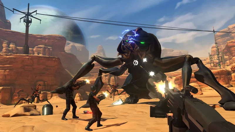 Soldiers firing on a giant alien insect in a desert