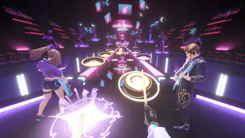 POV of a VR playing hitting drum notes in Band Space alongside other band members