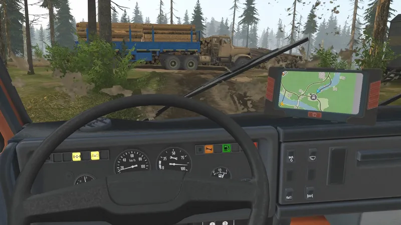 MudRunner VR screenshot shows you sat behind a steering wheel with a GPS to your right side