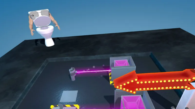 POV of a player looking at a laser puzzle with a talking toilet nearby in Snapstick
