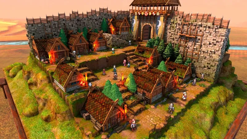 Triangle Strategy on Quest screenshot shows a pixel art village in a 3D setting