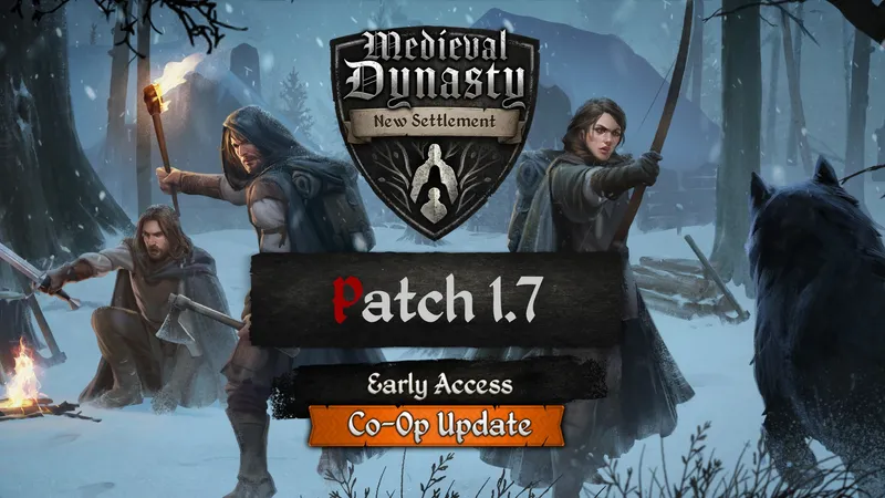 Medieval Dynasty New Settlement patch 1.7 key art shows several rangers in a winter environment