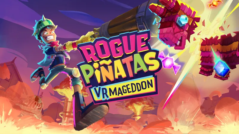 Rogue Pinatas splash art, showing a colorful character smacking an exploding pinata!