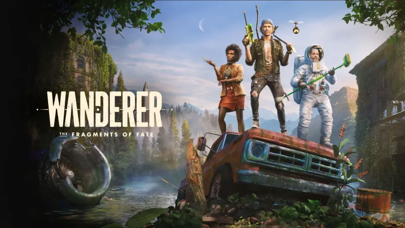 Wanderer: The Fragments of Fate key art shows three people standing on a car in the wilderness