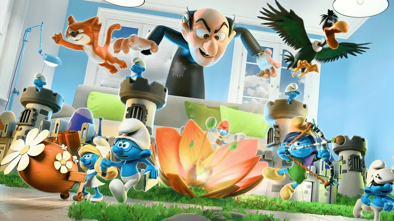 The Smurfs - Flower Defence key art shows muiltiple smurfs with Gargamel in the background