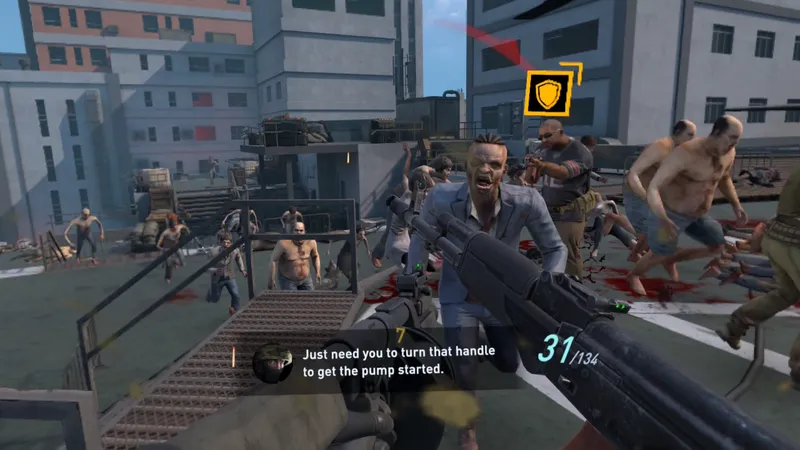 A horde of zombies advance on the player atop a helipad while an NPC tells the player "Just need to turn the handle to get the pump started"