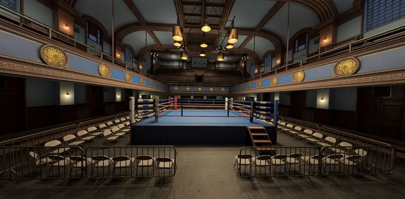 A virtual boxing ring surrounded by fold-up seats
