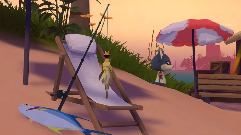 Two digital fish laying near a lounge chair as an NPC looks on.